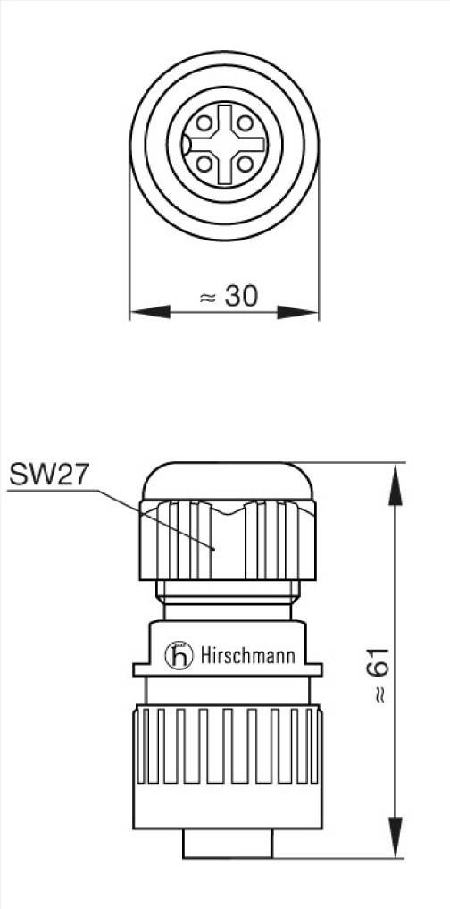 'Ontwerpschets van een elektronische stekkerverbinding van Hirschmann. Bovenste weergave toont RL-doorsnede, onderste de zijaanzicht met afmetingen.'