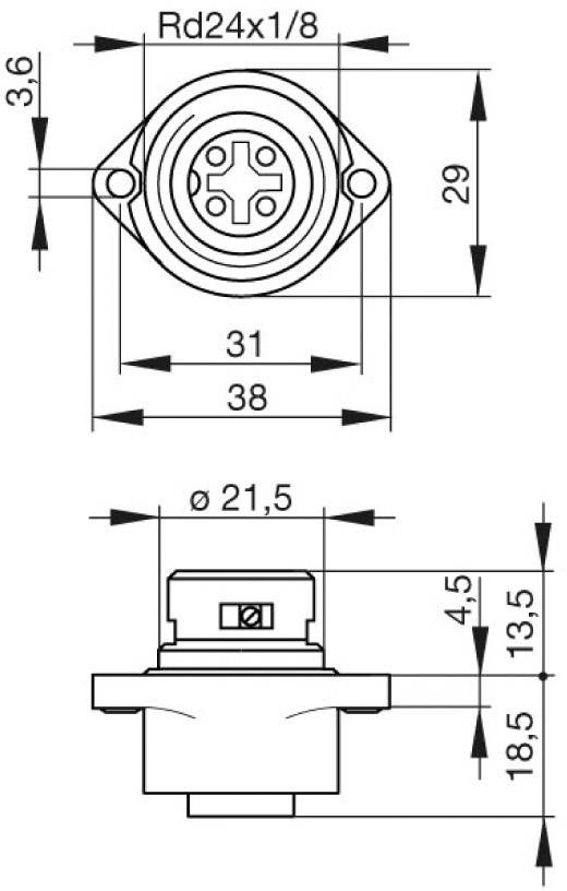 Technische tekening van een ronde elektrische stekker met afmetingen, schroefbevestigingsgaten en aansluitbezetting. Maten in millimeters.