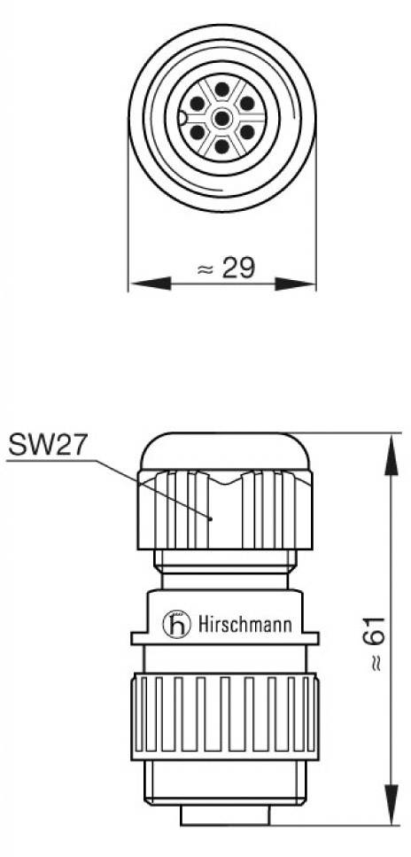 Technische tekening van een stekkerverbinding van Hirschmann met afmetingen: diameter ca. 29 mm, hoogte 61 mm. Bovendeel met zeskant SW27.