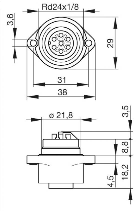 Technische tekening van een ronde stekker met afmetingen in millimeters. Bovenaanzicht en zijaanzicht met labels voor diameter en lengtes.