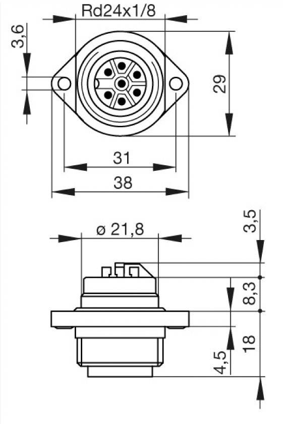 Technische tekening van een ronde stekker met afmetingen in millimeters. Toont diameter, lengtes en afstanden van de componenten.