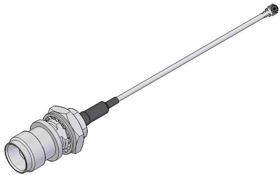 Afbeelding van een langwerpige kabel met een grote stekker aan het ene uiteinde en een kleinere aansluiting aan het andere uiteinde.
