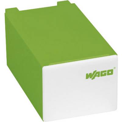 Een groen, rechthoekig voorwerp met een witte voorkant en een groen logo; afbeelding van een technisch-industrieel onderdeel.