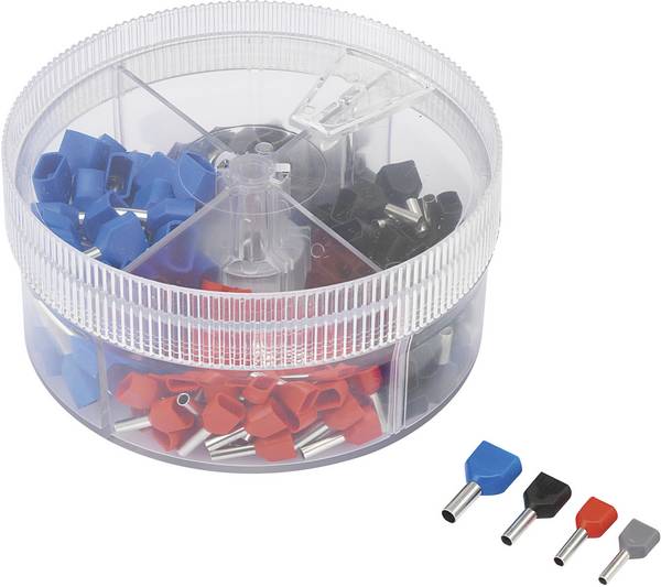 TRU COMPONENTS 739884 Assortiment dubbele adereindhulzen 0.75 mm², 1 mm², 1.5 mm², 2.5 mm² Deels geïsoleerd Grijs, Rood, Zwart, Blauw 200 stuk(s)