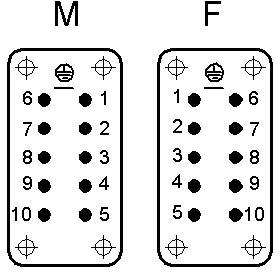 'Pinbezetting M en F connector: Beide hebben 10 genummerde contactpunten. M is links, F is rechts.'