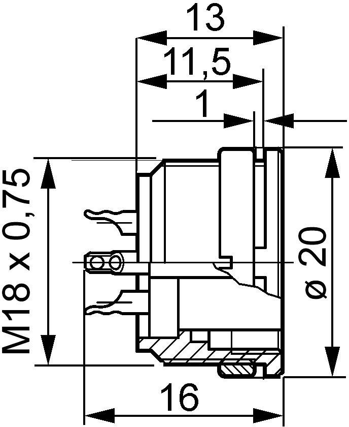 Technische tekening van een stekker met afmetingen: M18 x 0,75, 13, 11,5, 1, Ø 20, 16. Dwarsdoorsnede met constructiedetails.