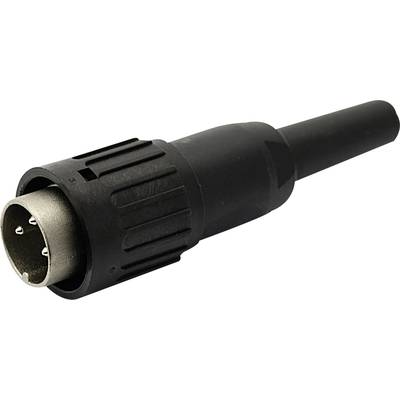 Een zwarte 5-polige DIN-stekker voor audio-apparatuur, met geribbelde greep en metalen aansluiting, geïsoleerd op een witte achtergrond.