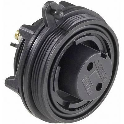 Zwarte, ronde elektrische adapter met Duitse Schuko-stekkercontacten, geschikt voor aansluiting op Europese stopcontacten.
