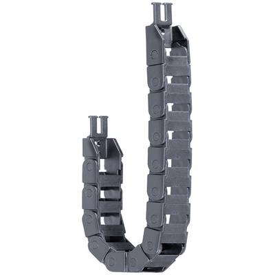 Grijze energiegeleideketting, open, U-vormig gebogen. Wordt gebruikt voor de bescherming van kabels en slangen in industriële toepassingen.