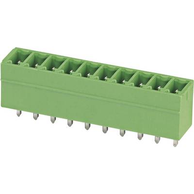 Groene stekker met meerdere rechthoekige aansluitingen, metalen contacten zichtbaar.