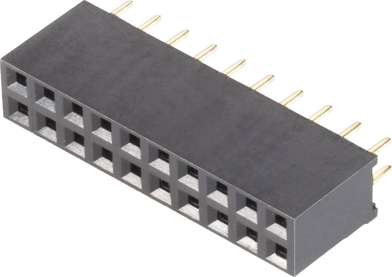 Een zwarte elektrische connector met meerdere rijen vierkante aansluitbussen en goudkleurige pinnen.