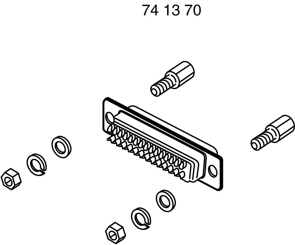 'Illustratie toont een connector met 50 pins, twee schroeven, moeren en sluitringen. Bovenaan staat het nummer 74 13 70.'