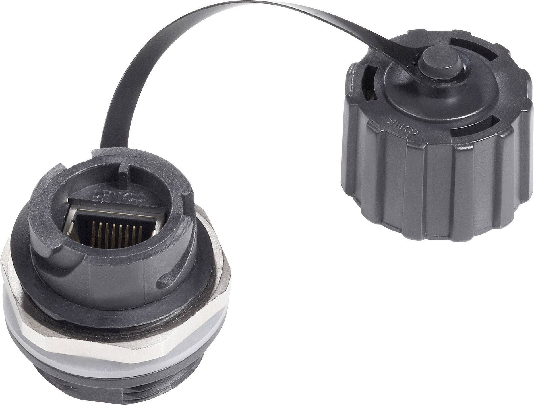 Ethernet-aansluiting met beschermkap ter voorkoming van stof en vocht. Ideaal voor industriële toepassingen.