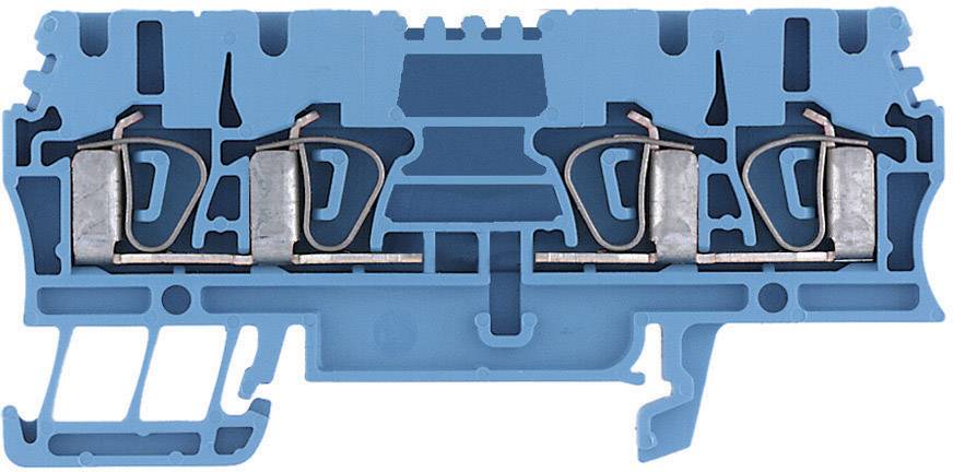 Een blauwe elektrische stekker met meerdere metalen contacten en koperverbindingen. Het toont een doorsnede van de interne structuur.
