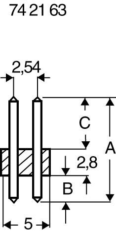 Technische tekening van stiftstrip met afmetingen: breedte 5 mm, tussenruimte 2,54 mm, hoogte A, B 2,8 mm, C. Bovenaan staat '74 21 63'.