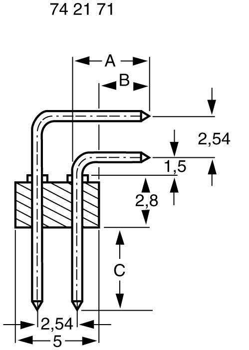 Technische tekening van een onderdeel met drie verbonden gebogen draden. Afmetingen (A, B, C) en afstanden weergegeven in millimeters.