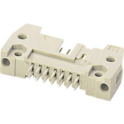 Een rechthoekige, beige elektronische stekker met meerdere metalen pinnen en vier ronde bevestigingsgaten.
