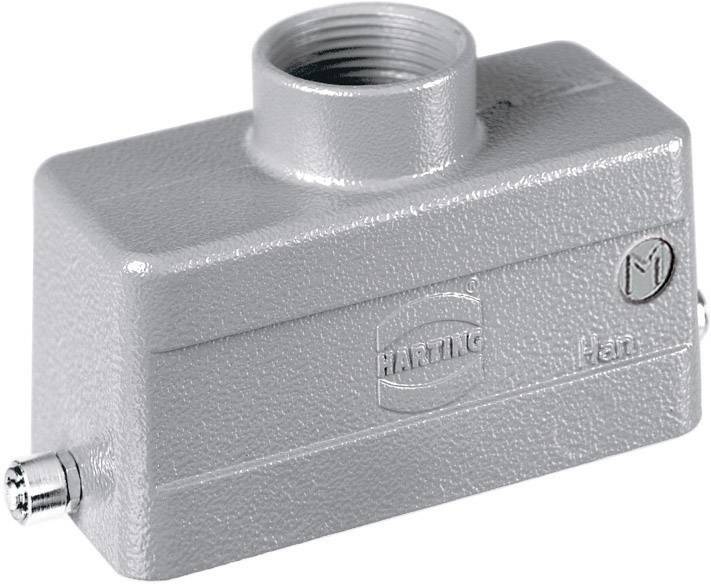 Rechthoekige grijze metalen behuizing met een opening bovenaan en zijdelingse bevestigingspunten, voorzien van het 'HARTING' logo.