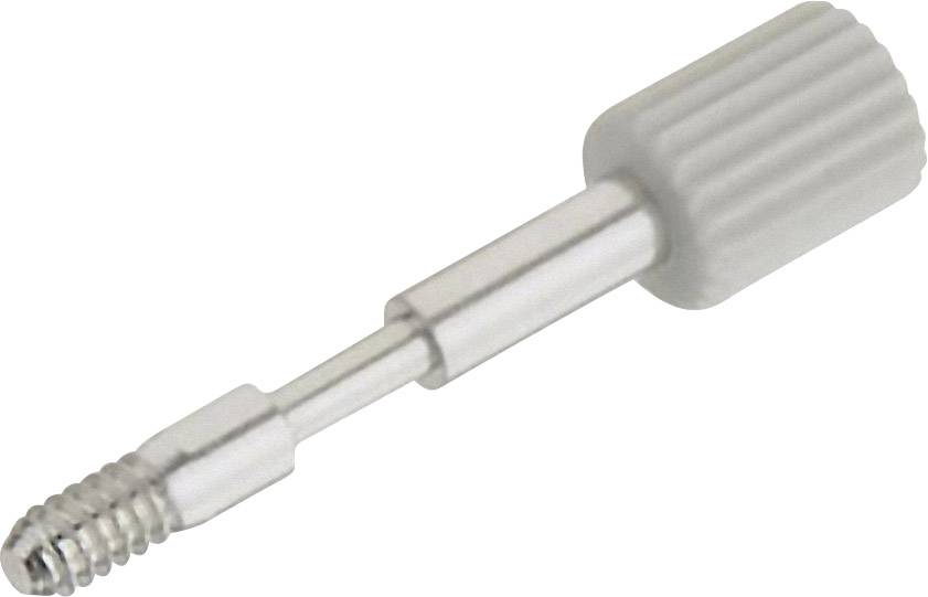 Een zilveren, metalen schroefopzetstuk met een geribbelde greep ligt op een witte achtergrond.