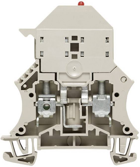 Op de afbeelding staat een grijze bevestigingsbeugel voor elektrotechnische installaties, met zichtbare metalen contacten en schroeven voor de montage.