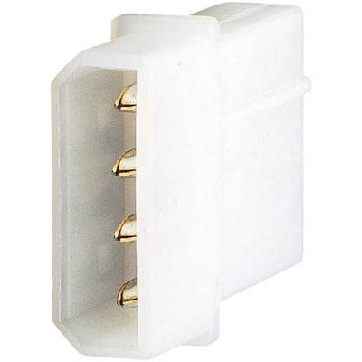 Een witte elektrische stekker met vier goudkleurige contactpunten.