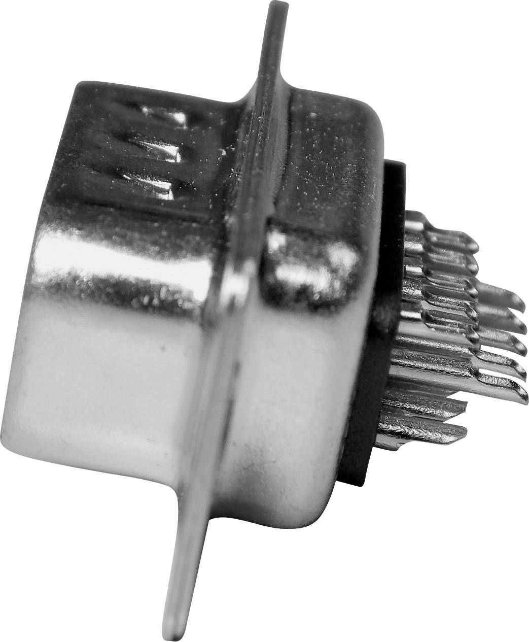 Close-up van een metalen steekverbinder met meerdere pennen, zijaanzicht.
