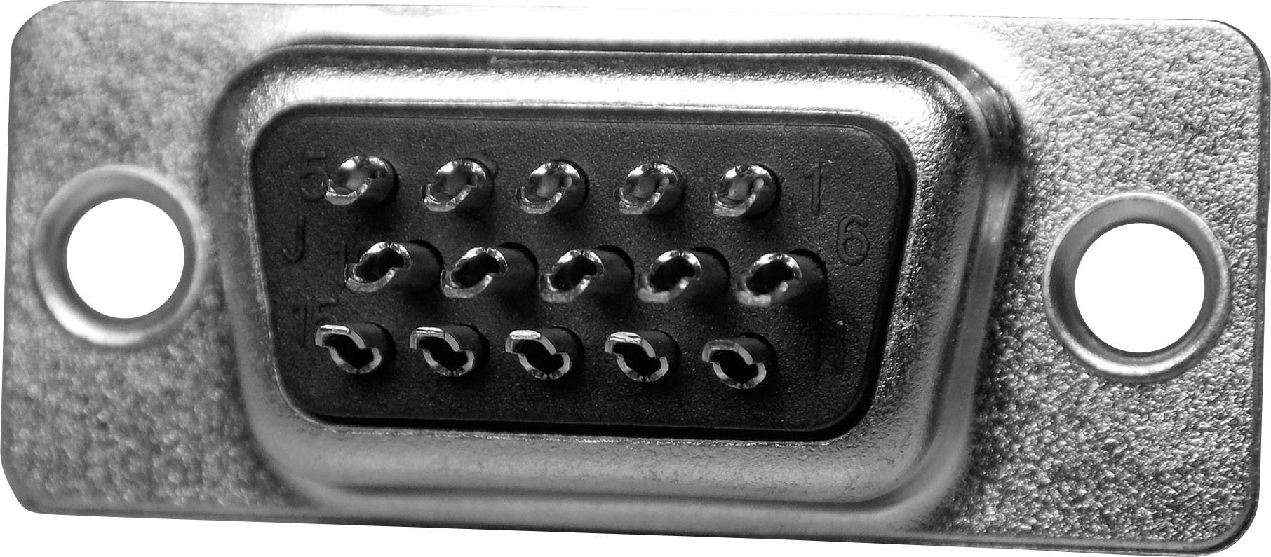 Aansluitbus met 15 metalen pinnen in drie rijen, geschikt voor VGA- of vergelijkbare kabelaansluitingen.