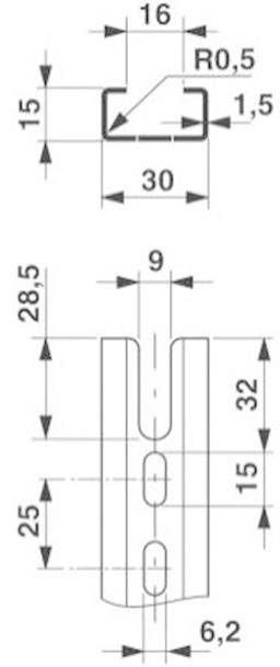 Technische tekening van een rechthoekig profiel met afmetingen: breedte 30 mm, hoogte 15 mm, opening 9 mm, en verdere gedetailleerde specificaties.