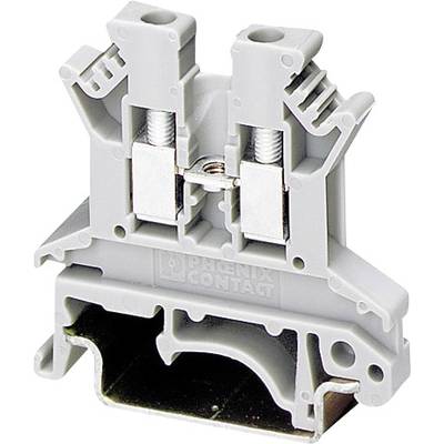 Een grijze elektrische aansluitblok met twee schroefverbindingen, geschikt voor montage op een DIN-rail.