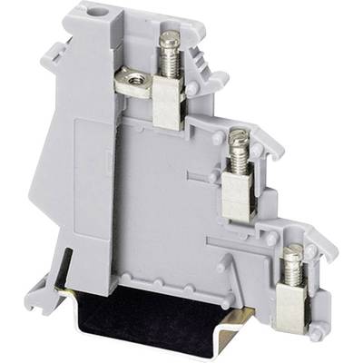 Grijs-witte elektrische aansluitklem met drie schroefcontacten, gebruikt voor het bevestigen van leidingen in schakelkasten.