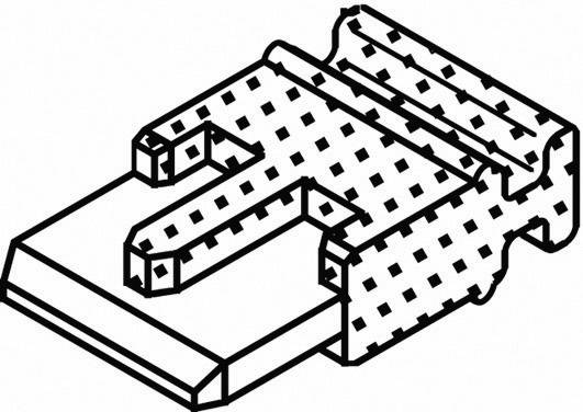 Driedimensionale schematische weergave van een mechanisch onderdeel met rechthoekige basis en verhoogde vorkstructuur.