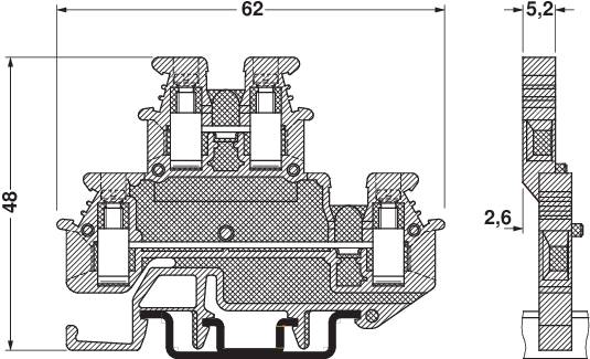 Technische tekening van een onderdeel met de afmetingen 62 mm x 48 mm x 5,2 mm. Profielaanzicht toont gedetailleerde structuur.