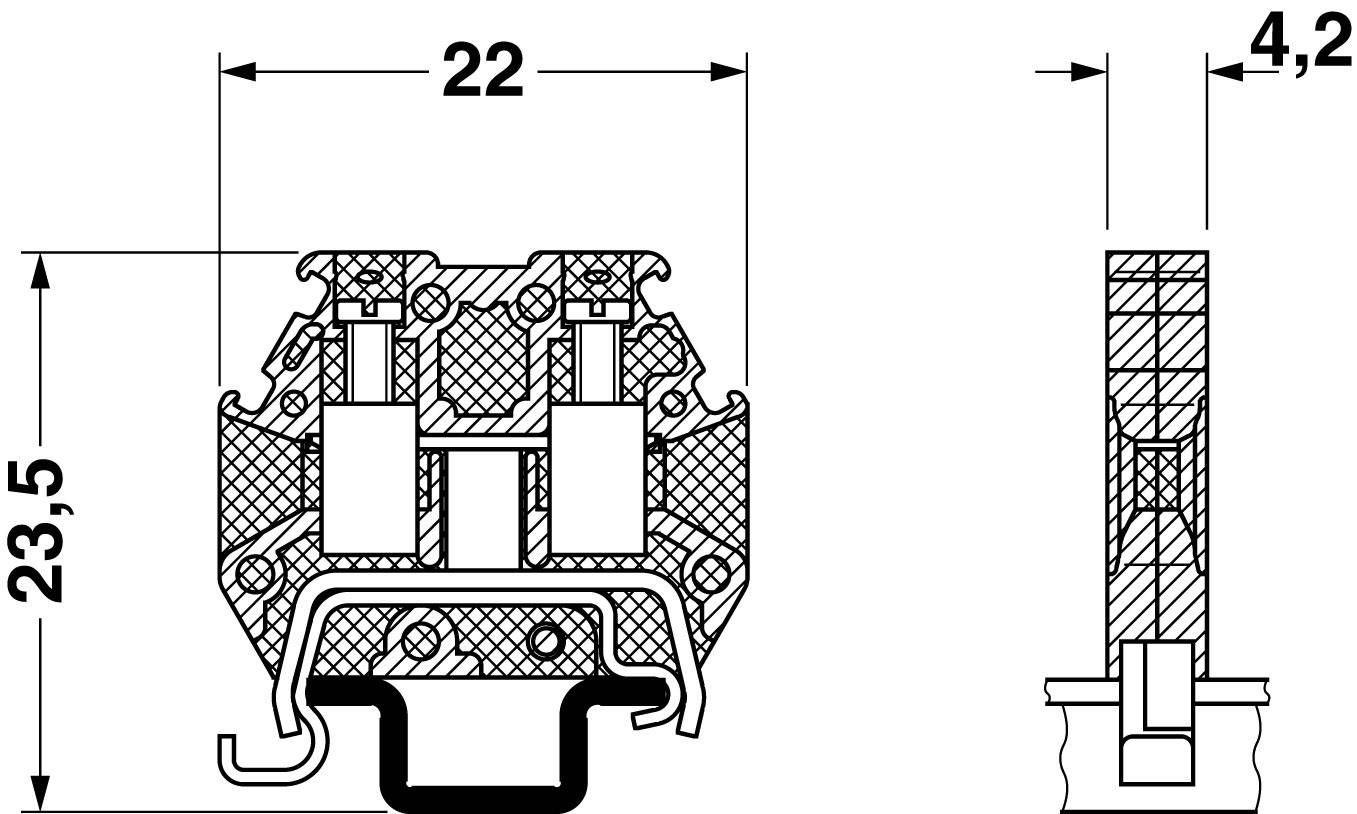 Technische tekening van een elektrische stekkerverbinding. Afmetingen: breedte 22 mm, hoogte 23,5 mm, diepte 4,2 mm. Zij- en vooraanzicht weergegeven.