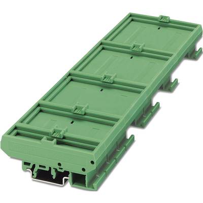Een rechthoekige, groene kunststof lijst met meerdere bevestigingsklemmen en een modulaire structuur.