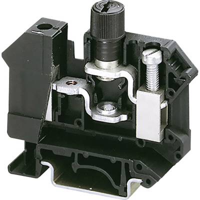 Zwarte mechanische schakelaar met schroefverbindingen en draaibare knop, vermoedelijk voor elektrische toepassingen.