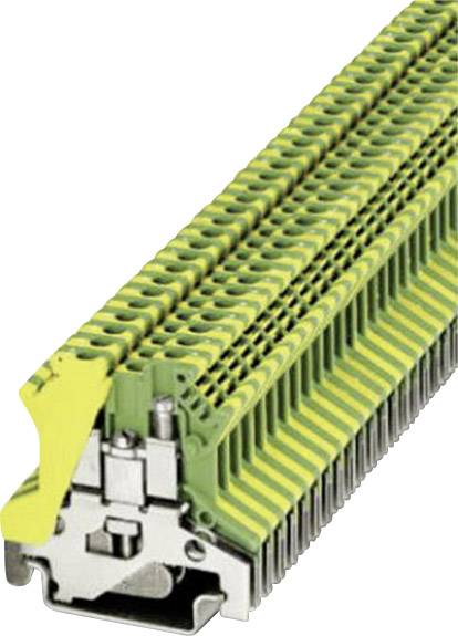 Een stapel geel-groene aansluitklemmen op een metalen voet.