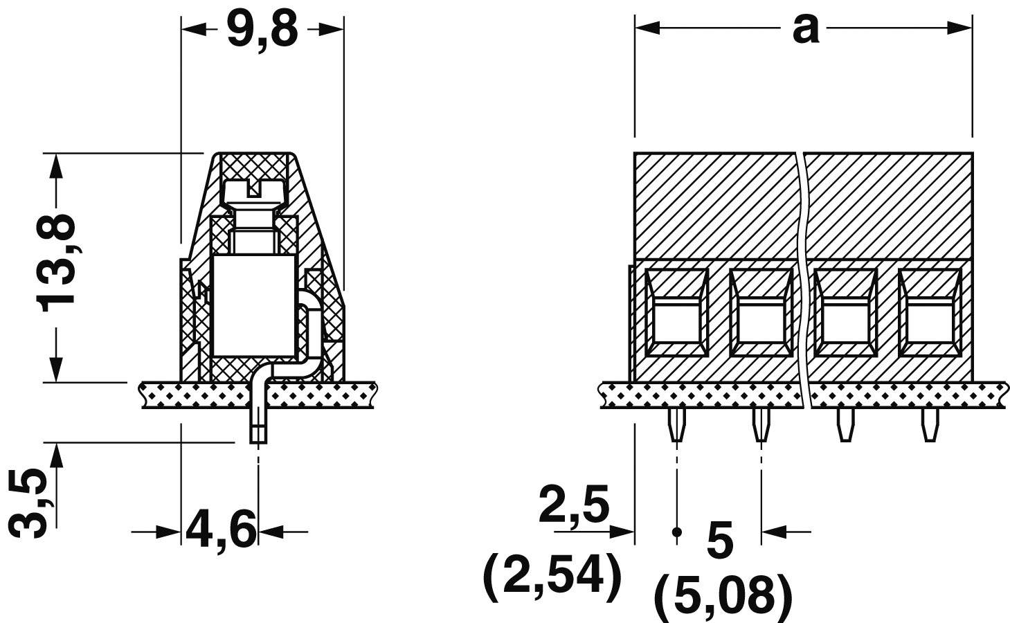 Afmetingstekening van een connector met maten: hoogte 13,8 mm, breedte 9,8 mm, diepte 4,6 mm en pinafstand 2,54 mm.