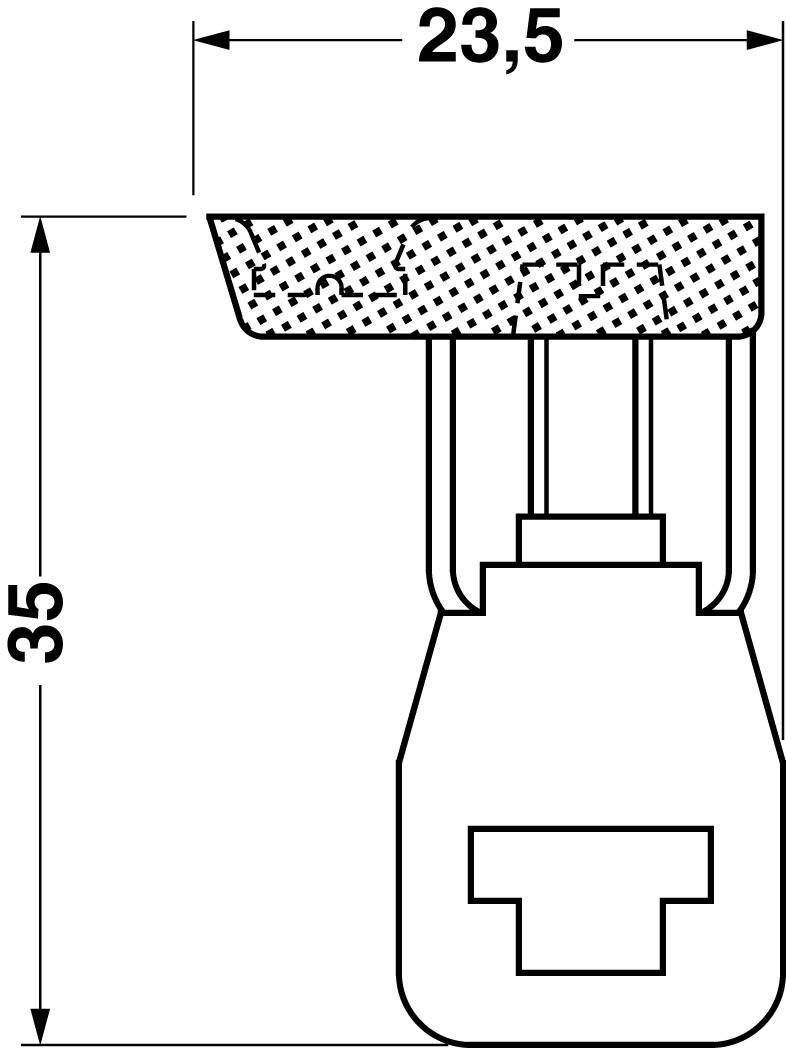 Illustratie van een component met plafondmontage, rechthoekige opening aan de bovenzijde. Hoogte 35 mm, breedte 23,5 mm.