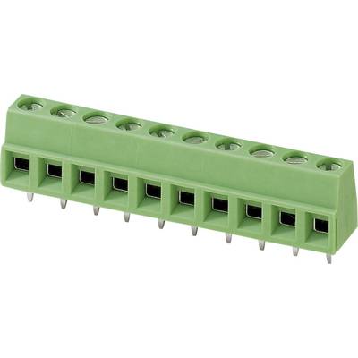 Groene stekkerverbinding met acht aansluitklemmen, geschikt voor printplaatmontage.