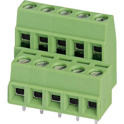 Groene, tweeririge stekkerverbinder met zes aansluitingen, geschikt voor gebruik in elektronische apparaten of schakelingen.