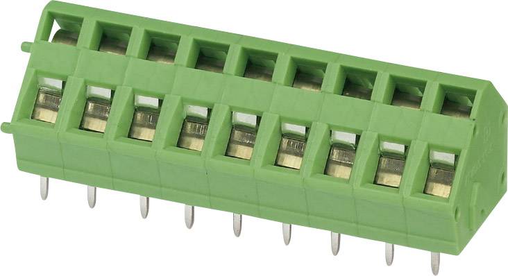 Groene elektrische stekker met meerdere aansluitingen, geschikt voor het verbinden van draden op printplaten.