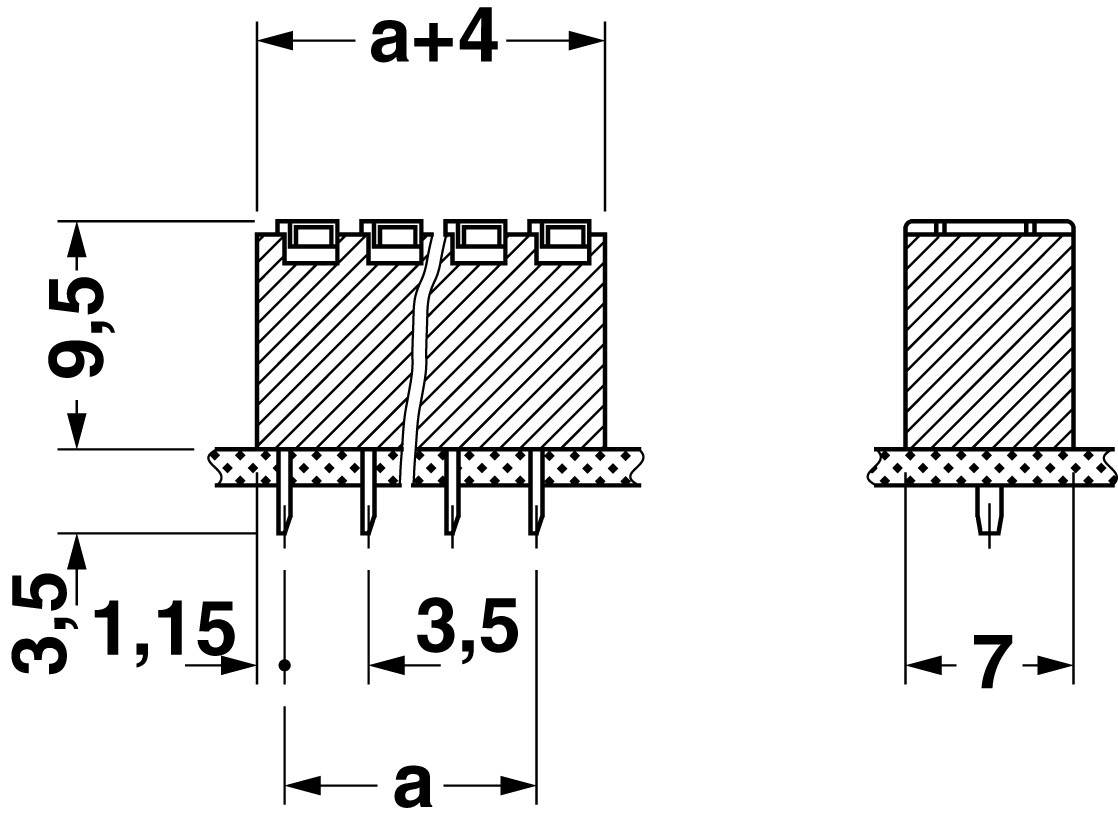 Technische tekening van een connector met afmetingen: breedte 'a+4', hoogte 9,5 mm, pinafstand 3,5 mm, soldeerpenlengte 7 mm.