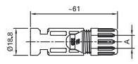 'Technische tekening' van een stekkerverbinding met afmetingen van 61 mm lengte en 18,8 mm diameter. Markeringen met letters en maten.