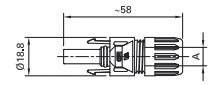 Technische tekening van een stekkerverbinding met lengteaanduidingen: totale lengte ca. 58 mm, diameter 18,8 mm.