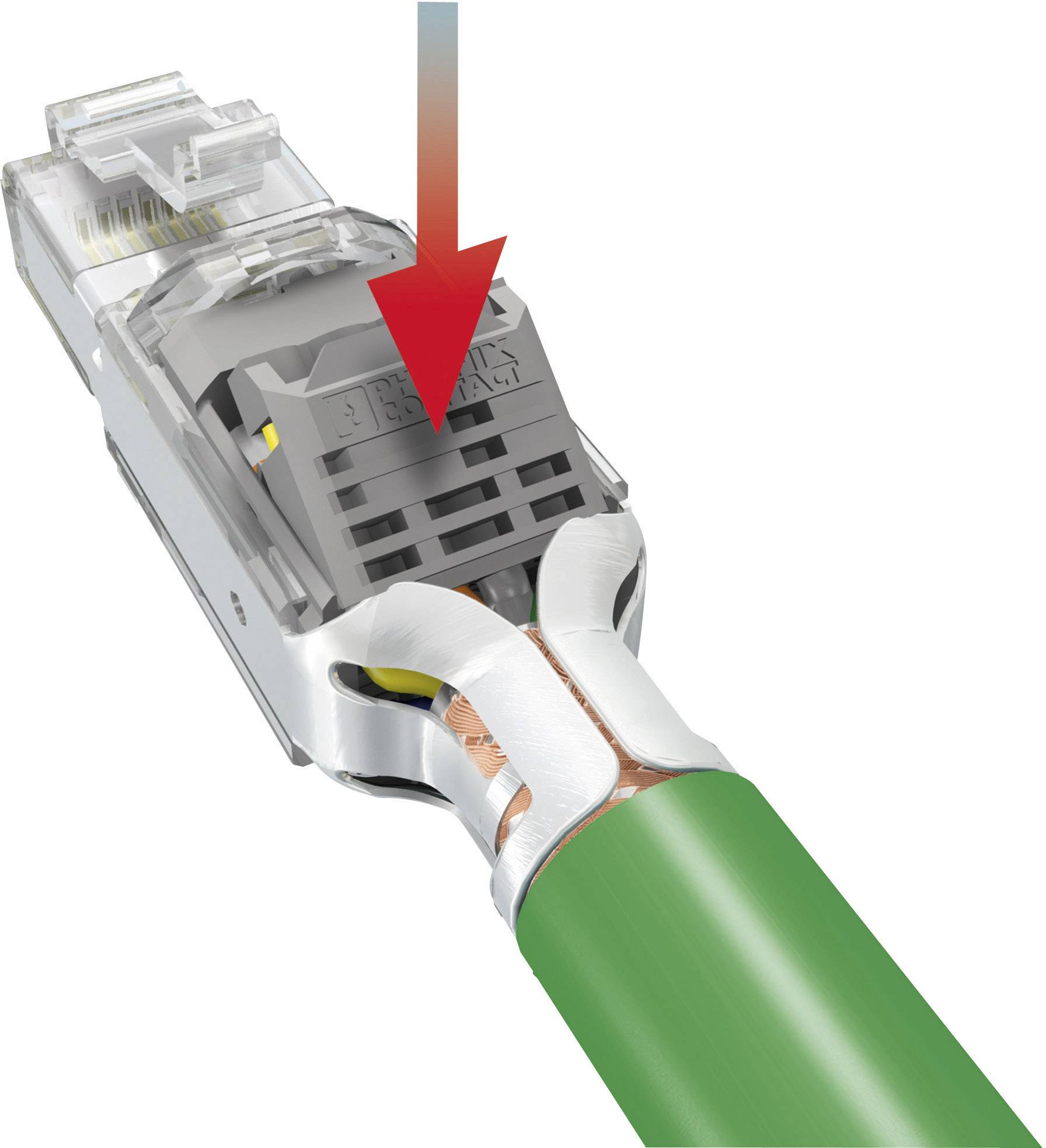 Close-up van een Ethernet-connector met gestript kabel. Rode pijl wijst naar de contactpin om de aansluitprocedure te verduidelijken.