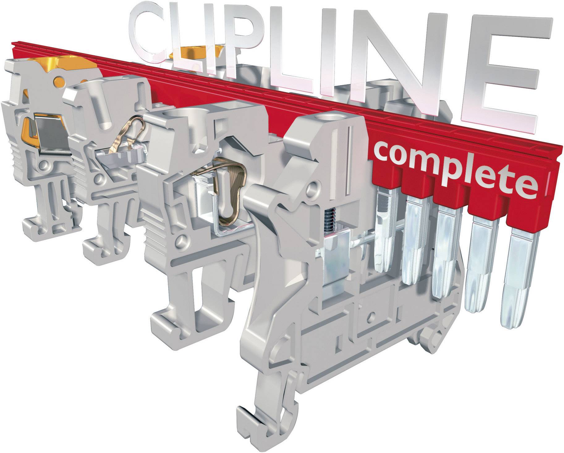 Stroomverdeelklem met de tekst 'CLIPLINE complete' bovenaan, toont componenten voor elektrische aansluiting in een schakelsysteem.