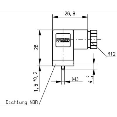 Technische tekening van een rechthoekige stekker met de afmetingen: breedte 26,8 mm, hoogte 26 mm. Aansluitingen M12 en M3. Tekst: 'Afdichting NBR'.