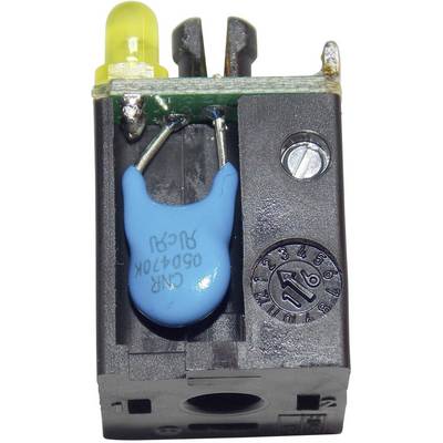 Een elektronisch onderdeel met een gele LED, een blauwe condensator en een instelbare regelaar in een zwarte behuizing.