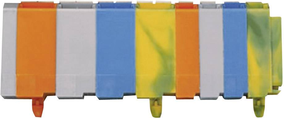 Kleurrijke opbergdoos met verticale strepen in verschillende kleuren, waaronder oranje, blauw, grijs en geel-groen, op een rij.