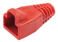 Rode kunststof afdekking voor RJ45-stekker, taps toelopend, met geribbeld uiteinde voor verbeterde grip.